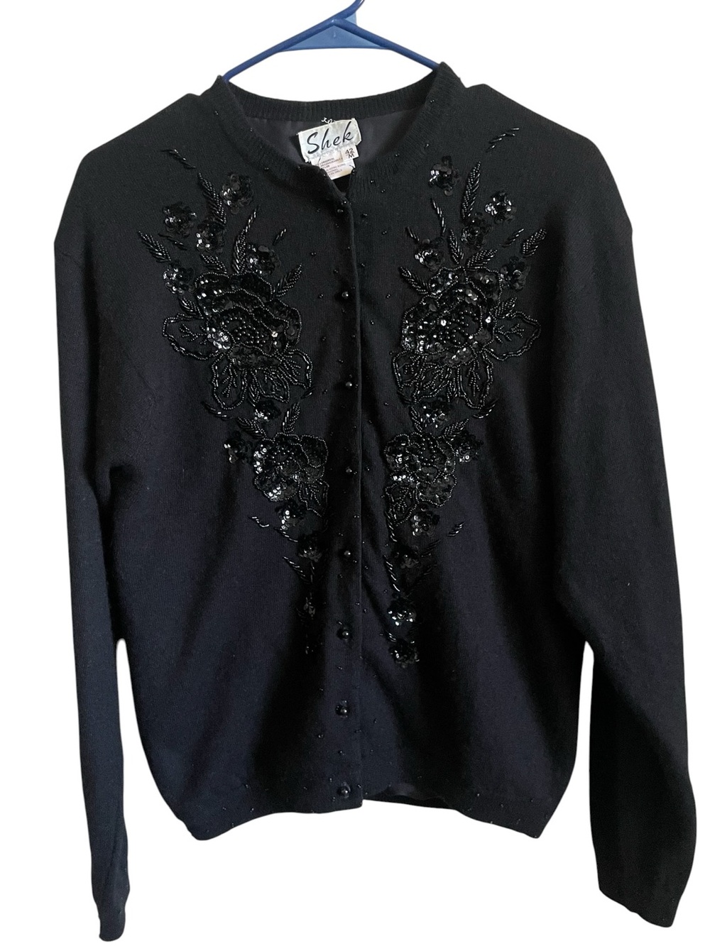 VTG 80s Shek Beaded Black Angora Lambswool Cardigan Sweater Floral Sequin Size M